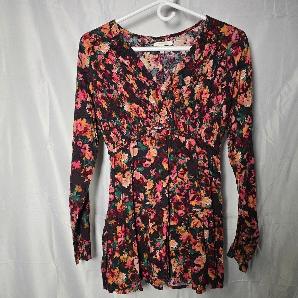 Maurices Womens XS Floral Smocked Empire Waist Tunic Top Long Sleeve Boho indie